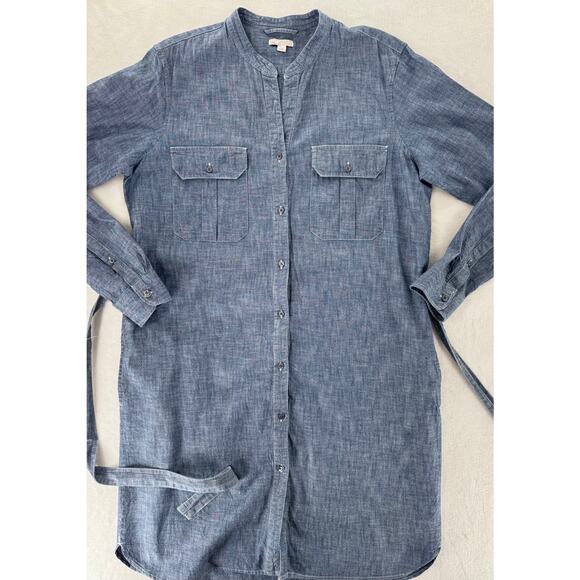 Gap Chambray Denim Dress Large Shirtdress Blue Cotton Button up Tie Waist L - Picture 4 of 9